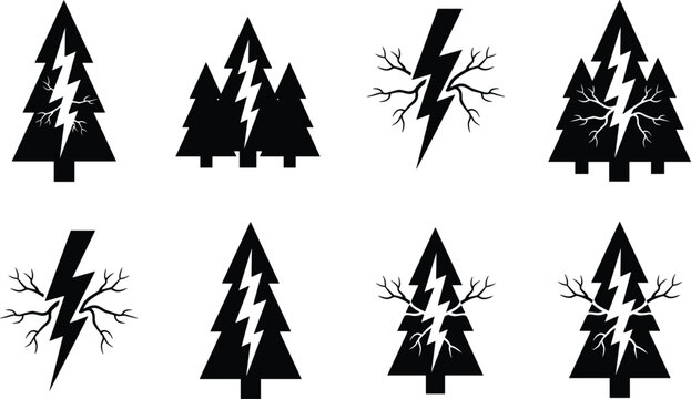 Lightning struck forest tree icons featuring storm damage electrical discharge and wildfire risk