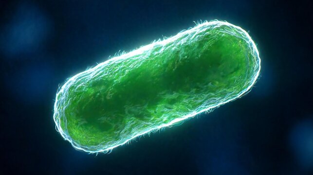 Close-up microscopic view of a single green bacterium cell with a textured surface on a dark blue background
