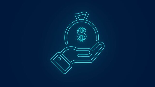 Glowing neon line icon of hand holding money bag with dollar sign on dark blue background