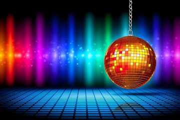 Obraz premium Golden disco ball hanging over colorful light spectrum background. Party nightlife concept representing music, dance club atmosphere and vibrant entertainment scene.