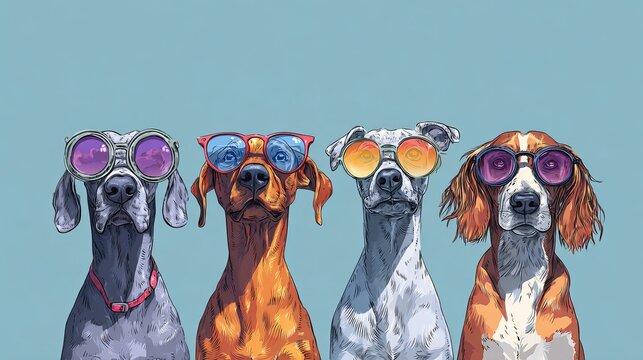 Four diverse dogs wearing colorful retro sunglasses lined up together in a vibrant digital illustration against a solid blue background
