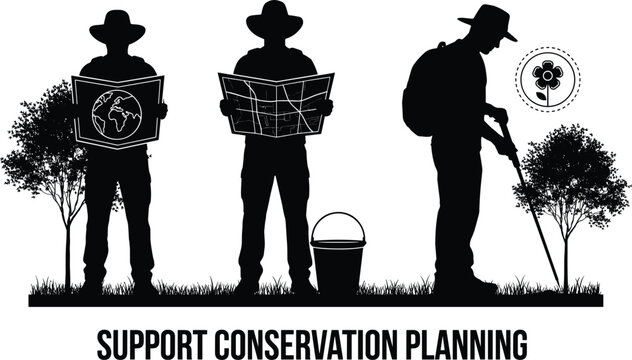 Conservation planning silhouettes featuring environmental survey mapping tree protection and sustainable land management