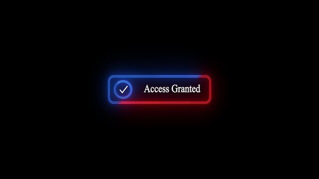 Neon Glowing Access Granted Badge with Check Mark Icon and Pulsing Blue and Red Light Laser Border Isolated on Black Background for Cyber Security, System Verified, and Interface Concept