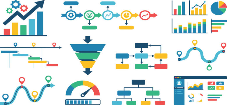 Business infographic element set featuring data analytics charts process workflows timelines and dashboards