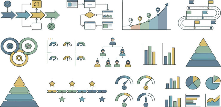 Business infographic element set with process workflows corporate hierarchy charts roadmaps and data dashboards