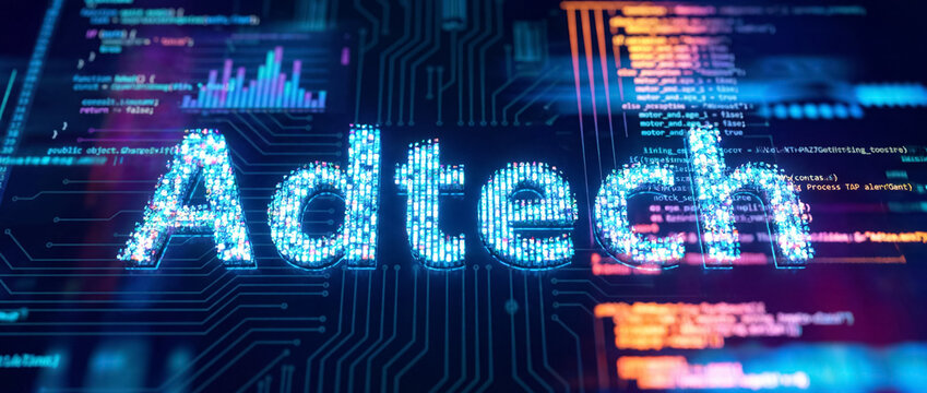 Adtech concept illustrating digital advertising network and marketing technology with circuit board and programming code