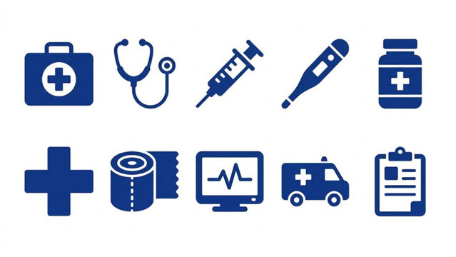 Medical Essentials Blue Glyph Icon Set &ndash; Healthcare Tools and First Aid Equipment Collection