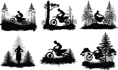 Motocross rider silhouettes traversing forest trails featuring off road adventure and outdoor action © Mominul