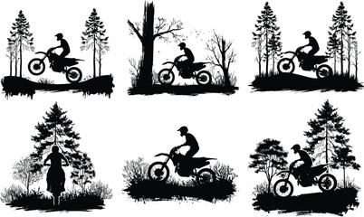 Motocross rider silhouettes racing through forest trails showcasing off road adventure and speed © Mominul