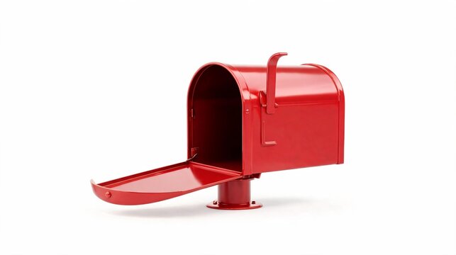 Classic red American mailbox with open door and flag on white background, isolated object for communication