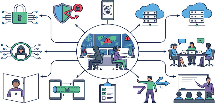 Cybersecurity operations center network infographic showing threat monitoring data privacy protection and team collaboration