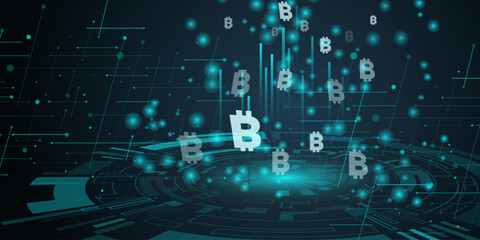Stylized Bitcoin B symbols float and ascend within a dark, abstract digital network grid, suggesting cryptocurrency, blockchain technology, and future finance concepts. © JustPrint