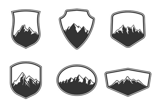 Mountain Crest Shields Vector Collection. Alpine Badge Templates and Outdoor Logo Frames Set