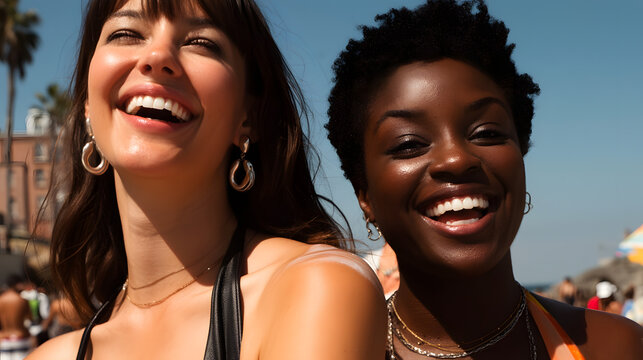 Two happy women smiling at beach, summer lifestyle and friendship concept with sunlight and vacation mood.