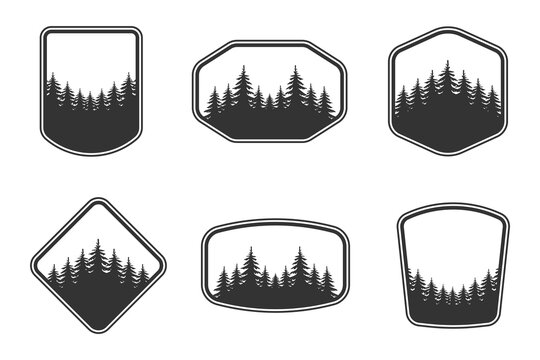 Adventure Camp Badge Shapes Vector Set. Adventure Camp Forest Emblems and Logo Frame Collection