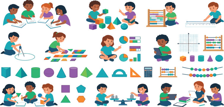 Math education concept vector illustration set with diverse school children learning geometry shapes and counting