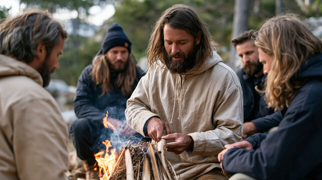 Bushcraft instructor demonstrating fire bow drill technique to three adult students in forest clearing, friction fire making, primitive survival skills class, hands-on wilderness