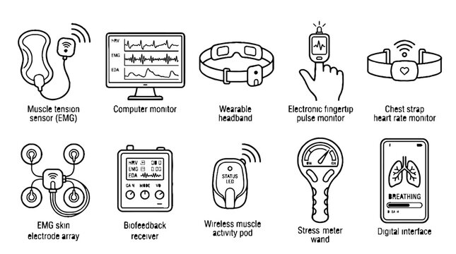 Collection of medical wearable technology icons and biofeedback monitoring devices for health tracking.