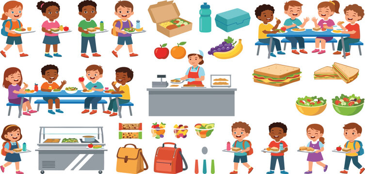 School cafeteria lunch vector illustration set with diverse student characters eating and food elements