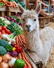 Obraz premium Cute White Alpaca (Vicugna pacos) Stand by Fresh Colorful Produce Display