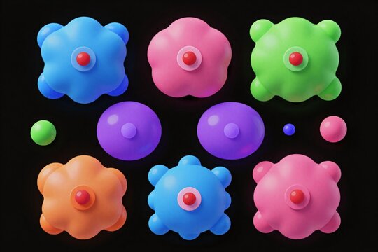 A bunch of colorful atoms on a black background