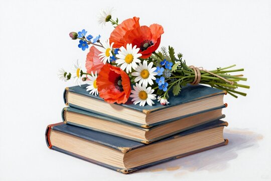 A bunch of books with flowers on top of them