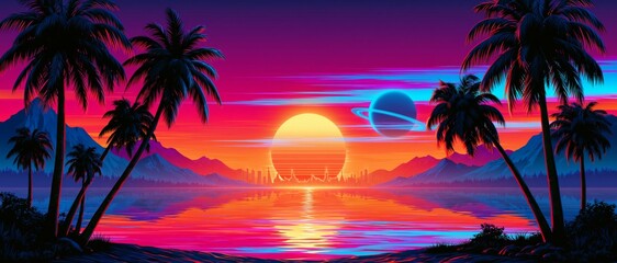 Fototapeta premium Retro Synthwave Tropical Beach Background with Neon Sunset Sky and Palm Trees