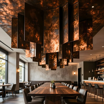 Stunning oxidized bronze acoustic baffles suspended symmetrically above a dark wood dining table in a sun-drenched, airy modern restaurant.