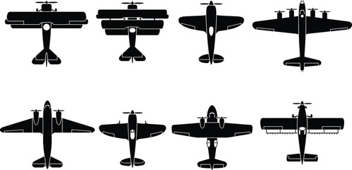 Black silhouette vintage aviation vector set featuring top view propeller airplanes, biplanes, and bombers © Khadija