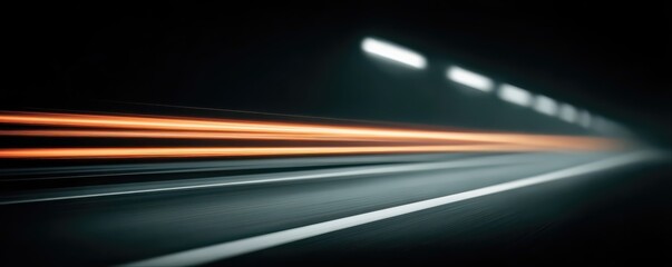 Fototapeta premium Glowing blue and orange lines rush through dark space depicting high-speed data transfer. A futuristic digital pathway visualizes cutting-edge technology in motion.