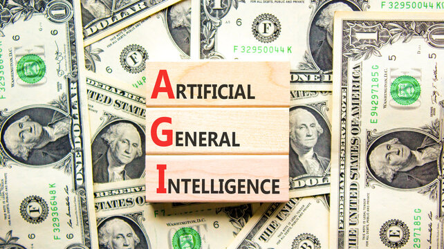 AGI artificial general intelligence symbol. Concept words AGI artificial general intelligence on beautiful wooden blocks. Beautiful dollar bills background. Business AGI general concept. Copy space.