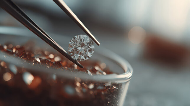 Ultra-realistic macro photo of tweezers holding a brilliant cut diamond above a dish of small gems. Professional gemology lighting highlights crystal clarity and luxury.