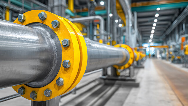 Industrial Pipeline System with Yellow Flanges in a Factory Setting.