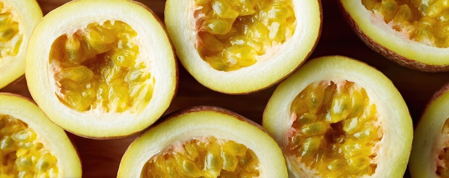 Ultra wide macro image of passion fruit halves with glossy yellow pulp and seeds. Strong texture and soft light create a vibrant, textured, high-end editorial look.