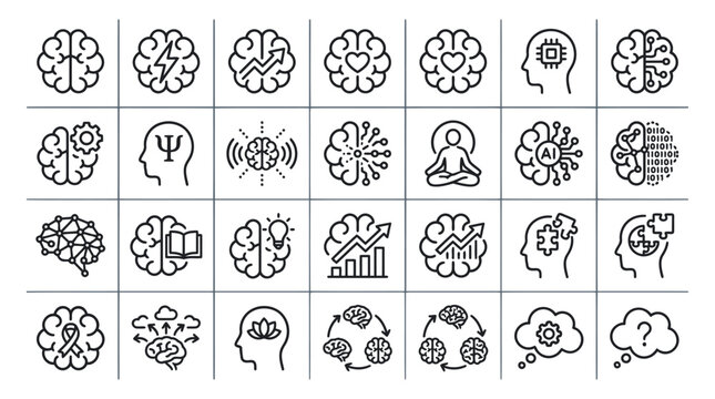 Collection of brain and mind related icons and symbols in line art style isolated on white background