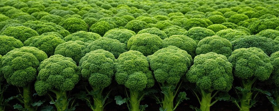 Ultra wide panoramic close-up of dense broccoli heads with textured crowns and thick stems. Deep green hues and soft lighting highlight this high-end food photography.