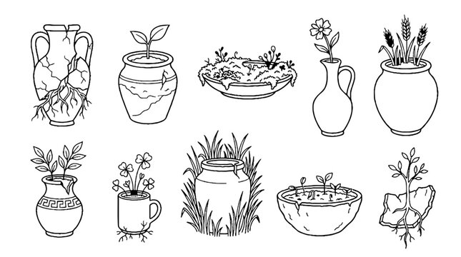 Hand drawn collection of vintage clay pots and ceramic vases with growing plants and flowers.