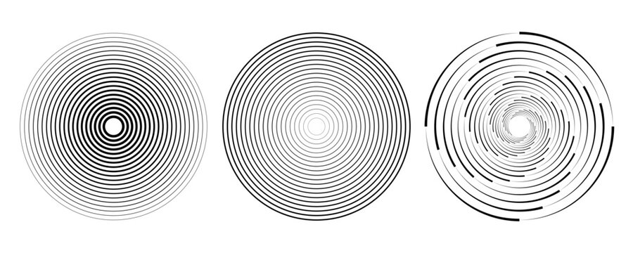 Black concentric circle set. Sonar or sound wave ring collection. Dotted and linear epicentre, target, radar icon concept. Ripple radial signal or vibration elements.