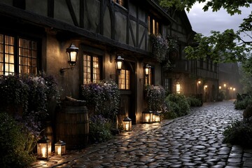 Fototapeta premium traditional European tavern exterior on a lantern lit cobblestone street, timber framed architecture with flower boxes and glowing windows, charming old town atmosphere, picturesque destination