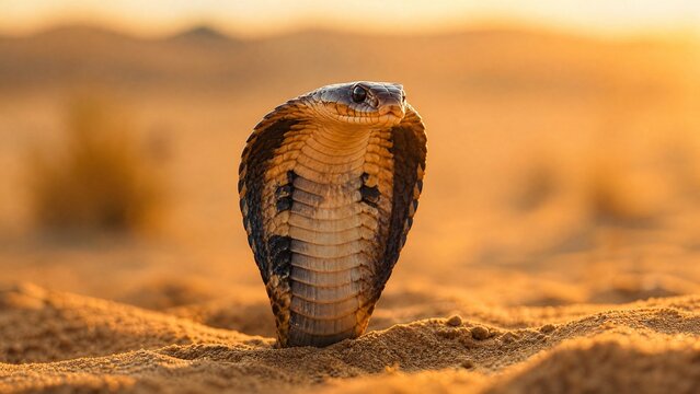 A cobra emerging from desert sands with its hood flared in golden hour sunlight.