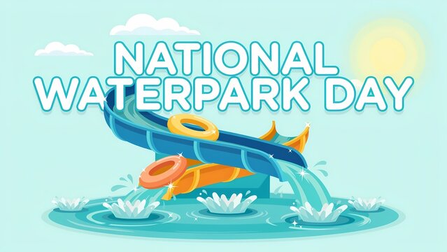 National waterpark day celebration banner with blue water slide and colorful swimming rings in a pool under a sunny sky