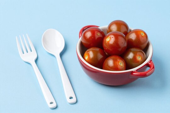 A bowl of tomatoes and a fork and spoon on a blue surface
