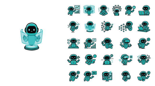 Artificial intelligence robot character set, 25 cute chatbot icons in teal and black, futuristic android mascot collection for tech apps