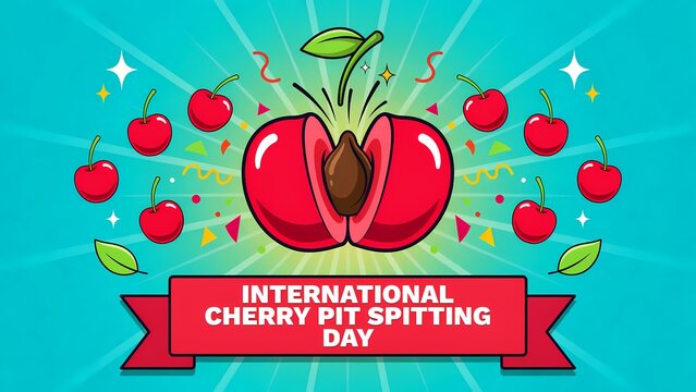 International cherry pit spitting day celebration poster with red cherries and pit on turquoise background