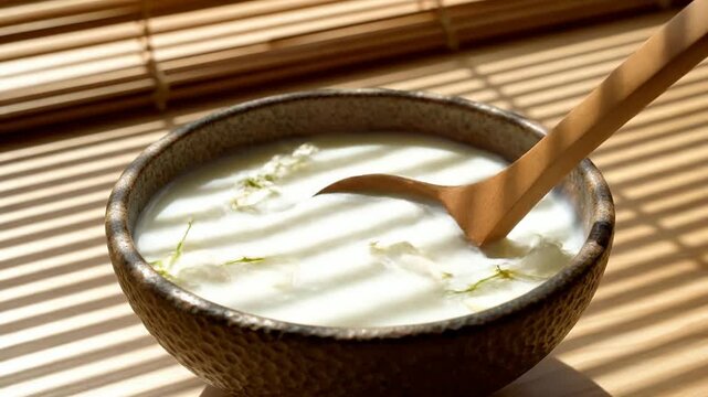 Close Up Shot of Creamy White Milk Pouring from Spoon into Ceramic Bowl with Natural Lighting through Bamboo Blinds