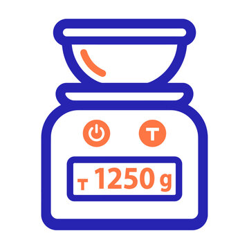 Flat illustration of digital kitchen scale with bowl icon, flat vector illustration measuring device for food and ingredients, weight scale for cooking and baking