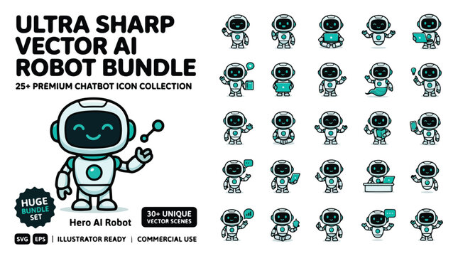 Ultra sharp vector AI robot bundle, 25+ premium chatbot icon collection, cute artificial intelligence character set for web and app design