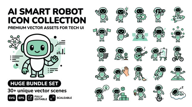 AI smart robot icon collection, 30 unique vector scenes of cute android characters, premium tech UI assets for software and app design