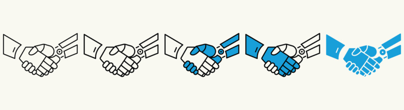 Handshake Robot and Human Outline and Solid Icon Set