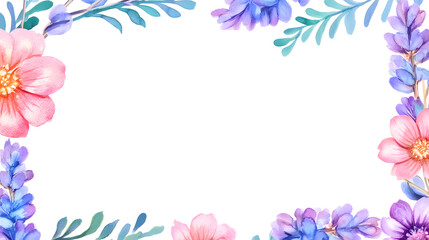 Fototapeta premium Watercolor floral border with blue and purple flowers and leaves. Soft botanical frame with copy space for elegant design layouts.
